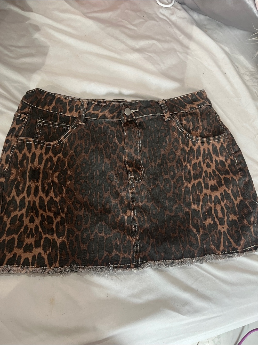 Leopard Print Denim Mini Skirt - Brown/Black
